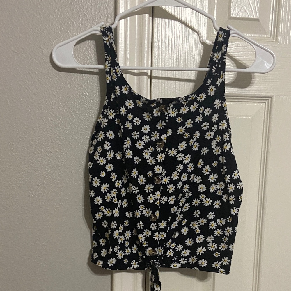 Daisy Print Tie-Front Tank Top - Black